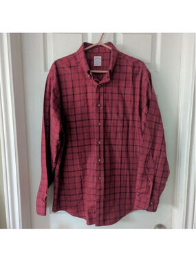 Brooks Brothers 346 Classic Button Down Cotton Red Navy Plaid L Casual